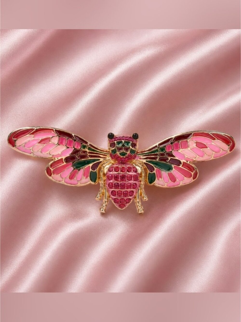 Pink Mosaic Wing Crystal Bug Butterfly Gold Brooch